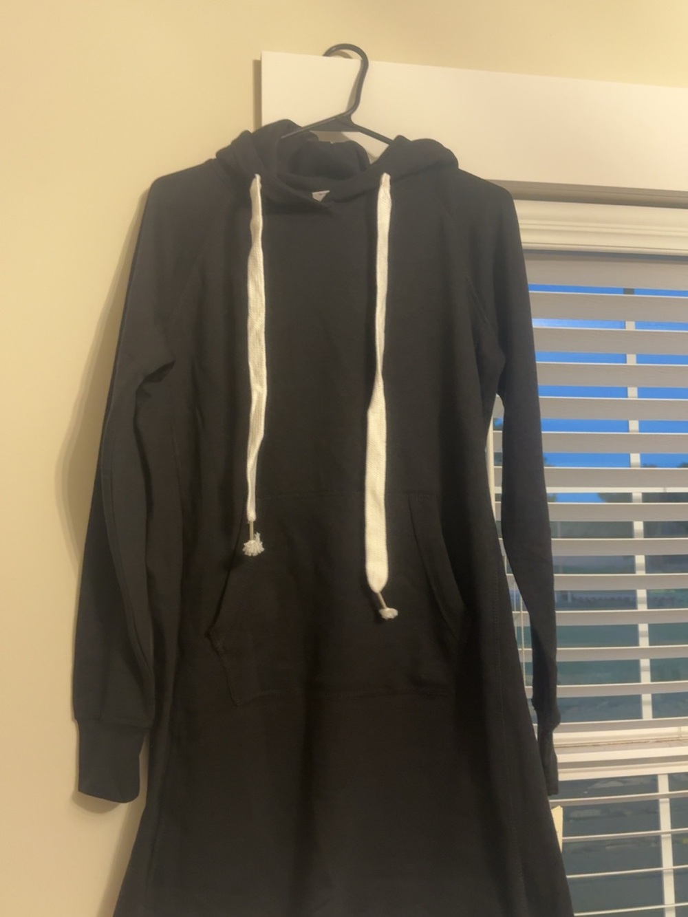 Black Hooded Women's Sweater Dress with Contrast Drawstrings